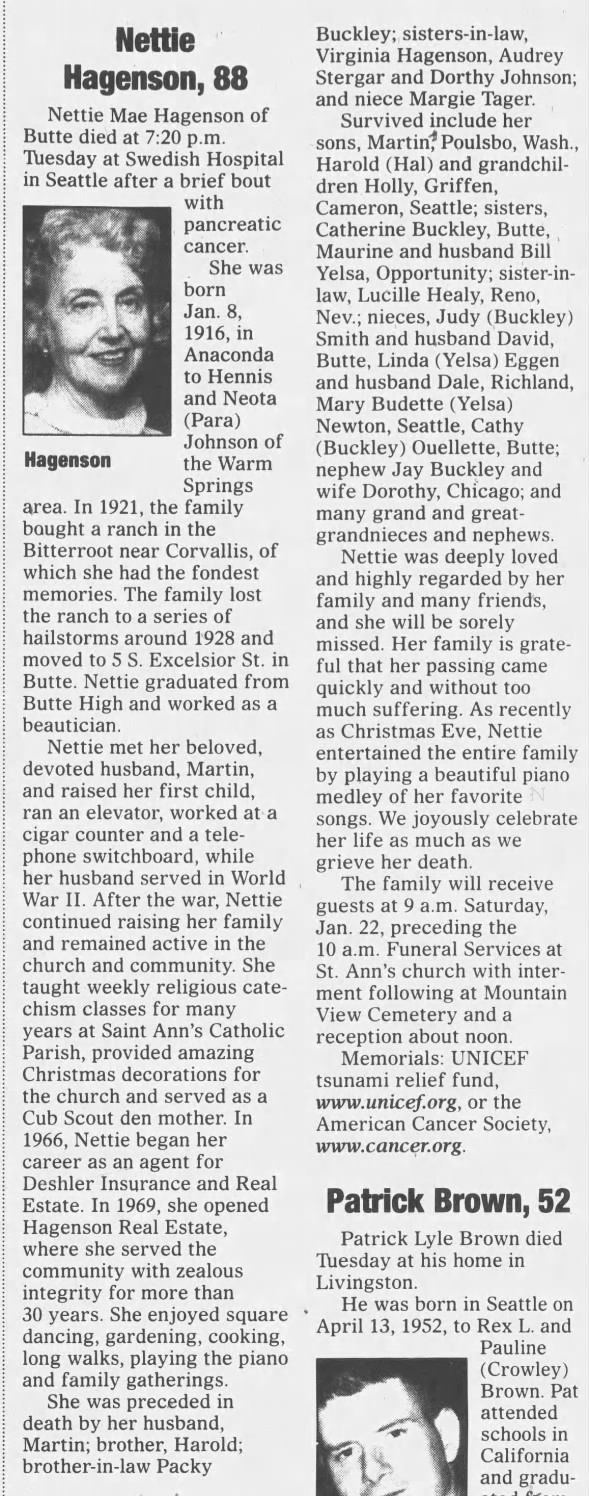 Eggen Family Tree - Nettie Mae Hagenson - 2005 - Obituary